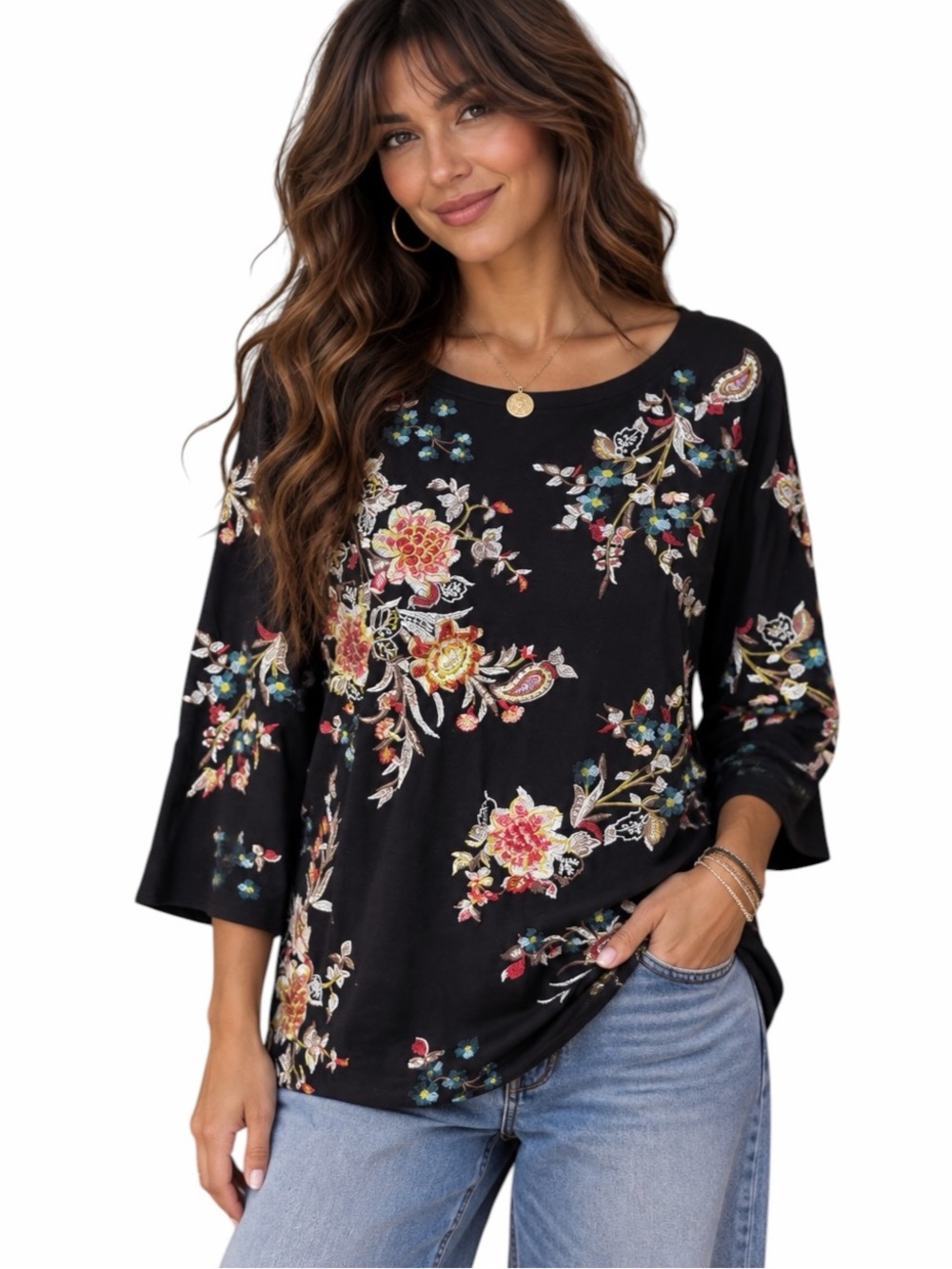 J. Jill Large Black Floral Embroidered Elbow Length Sleeves Relaxed Tunic